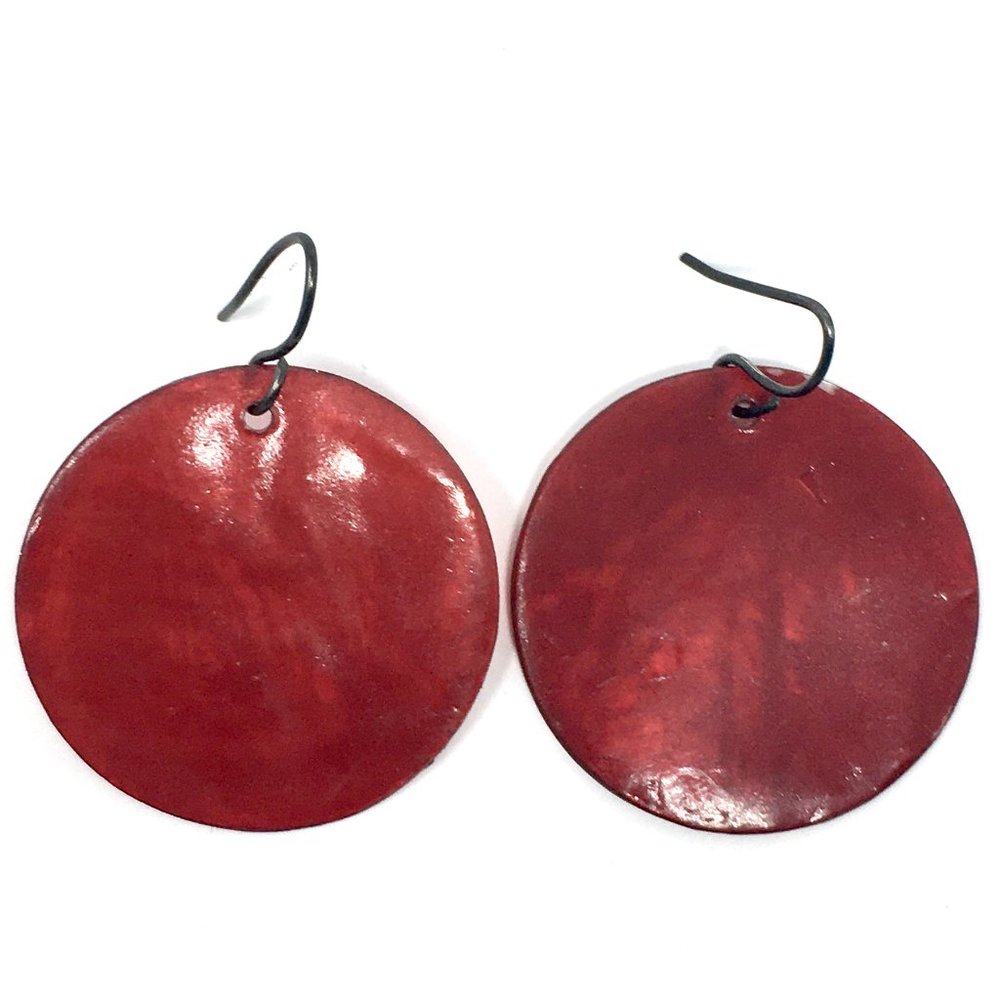 Modernist Red Dyed Shell Round Dangle Earrings